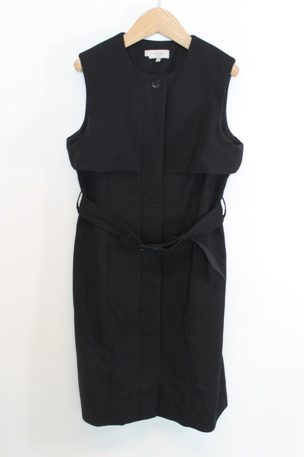 HOBBS Ladies Black Sleeveless Round Neck Belted Midi Sheath Dress EU40 UK12