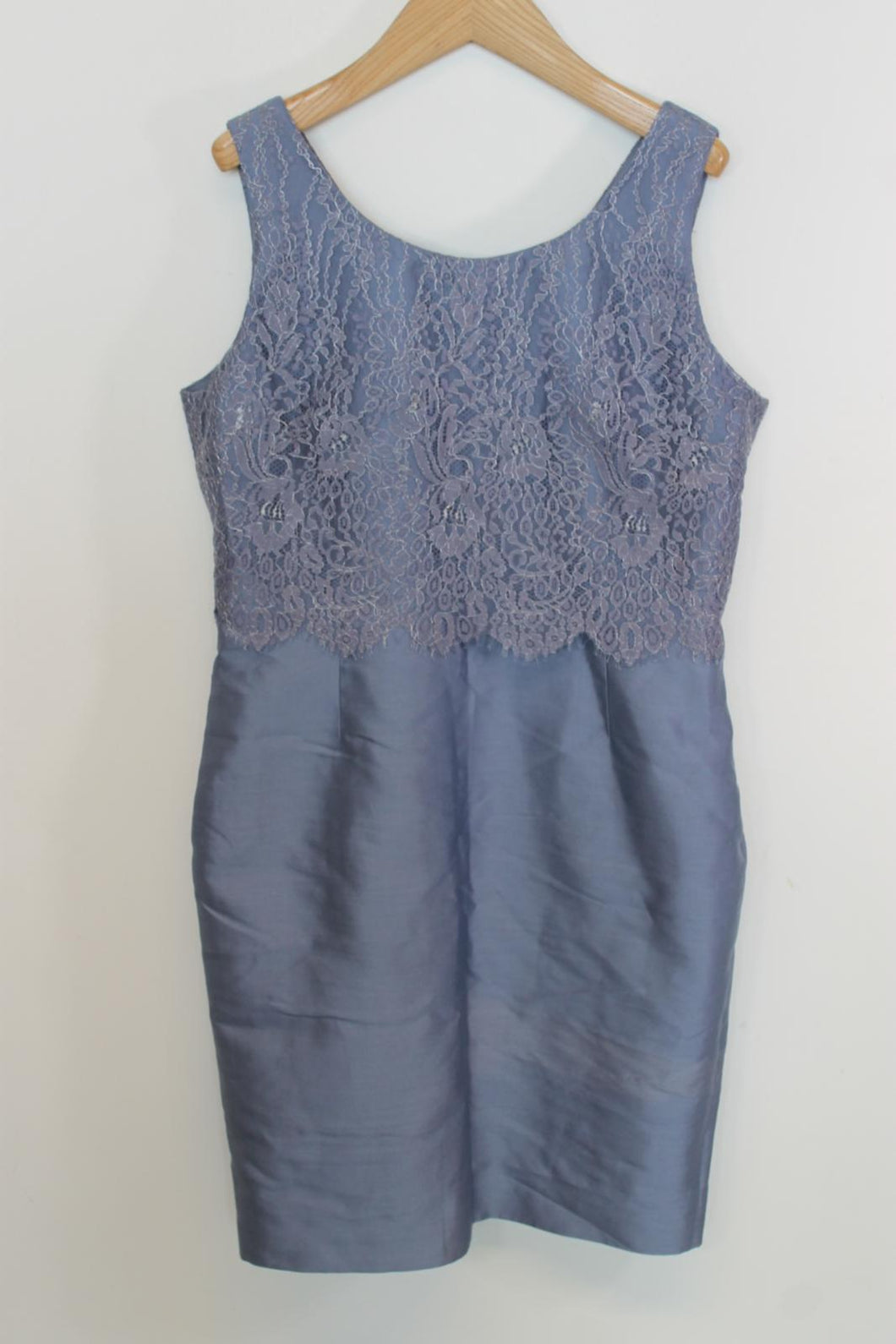 HOBBS Ladies Dusty Blue Wool/Silk Lace Detail Midi Sheath Dress EU42 UK14