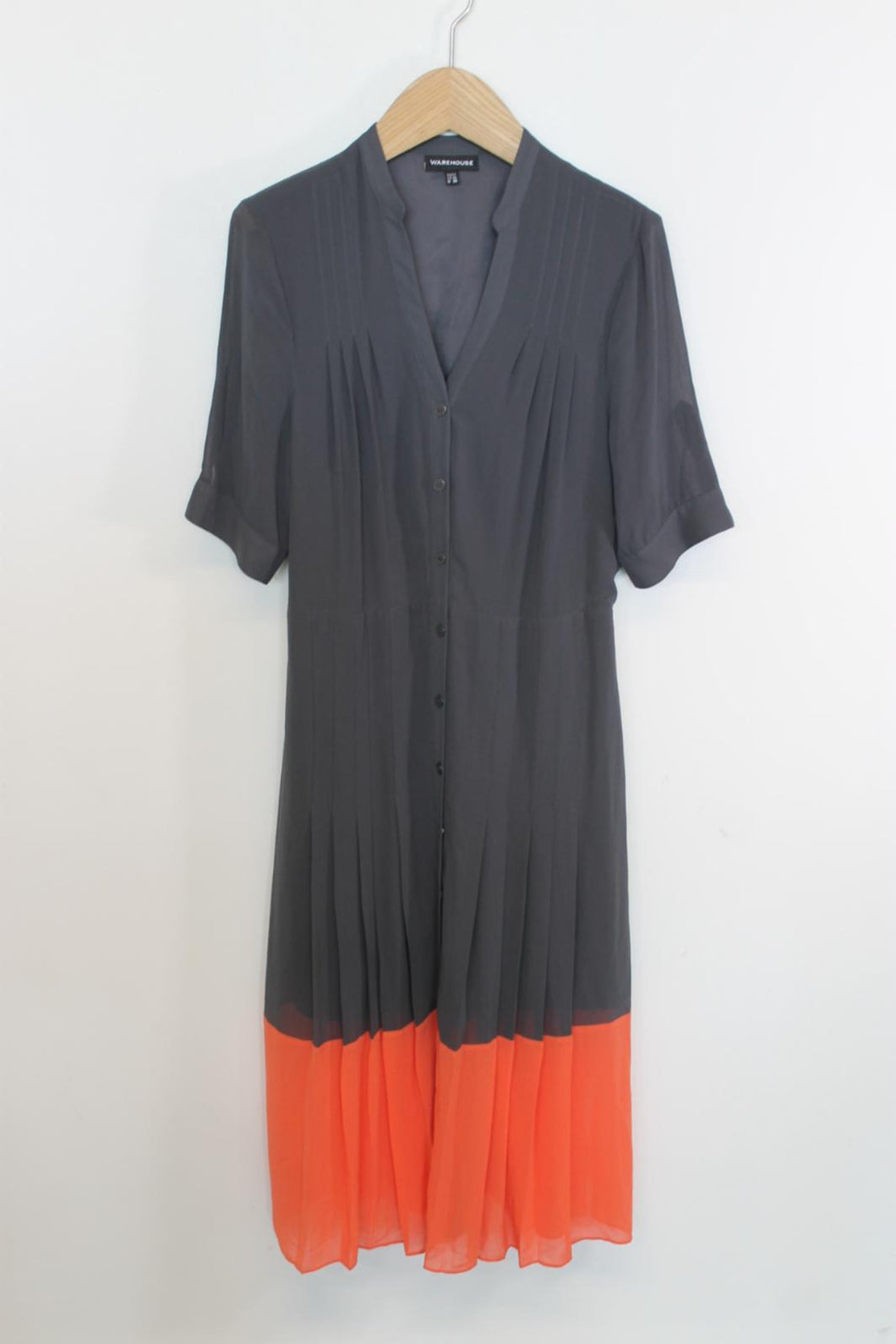 WAREHOUSE Ladies Black & Orange Short Sleeve V-Neck Pleated Midi Dress EU40 UK12