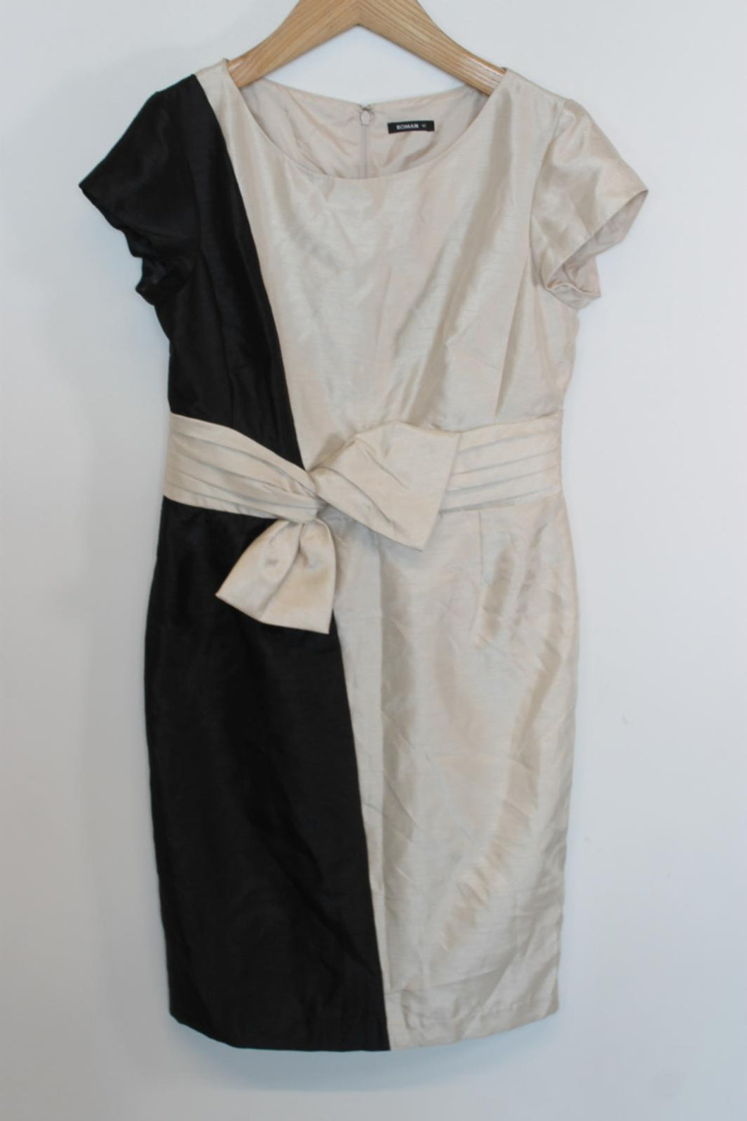 ROMAN Ladies Black & Beige Bow Detail Cap Sleeve Midi Sheath Dress EU40 UK12