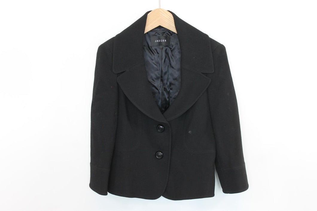 JAEGER Ladies Black Wool Wide-Colllar Rounded Notch Lapel Jacket EU40 UK12