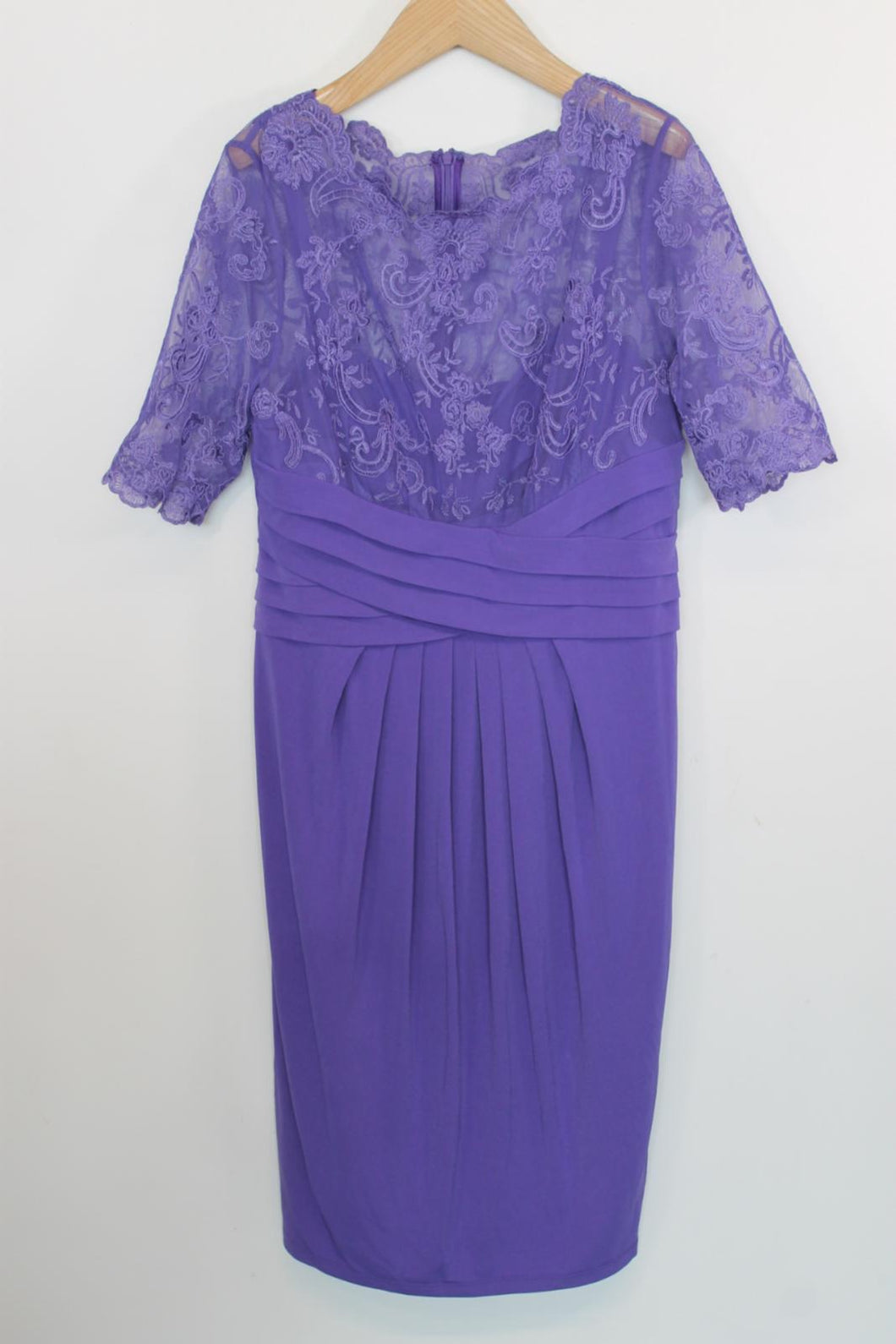 KALIKO Ladies Purple Lace Short Sleeve Round Neck Midi Shift Dress EU42 UK14