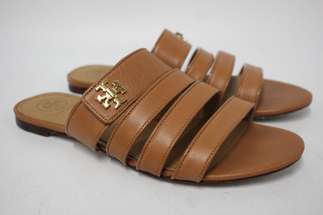 TORY BURCH Ladies Tan Brown Leather Multi-Band Flat Slide Sandals US6.5M UK3.5
