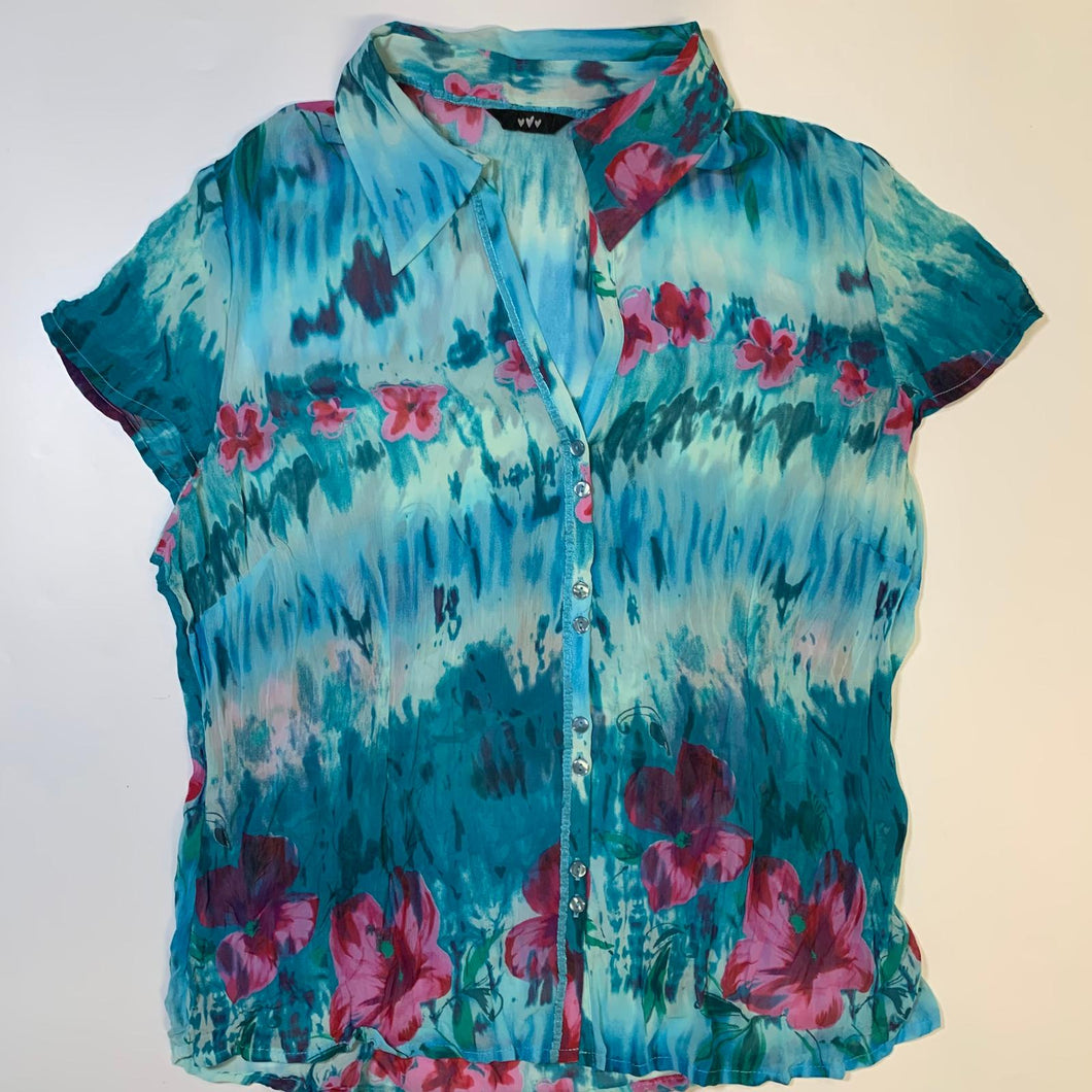 PER UNA Ladies Blue Floral Lightweight Top Blouse Collared Button Up UK14