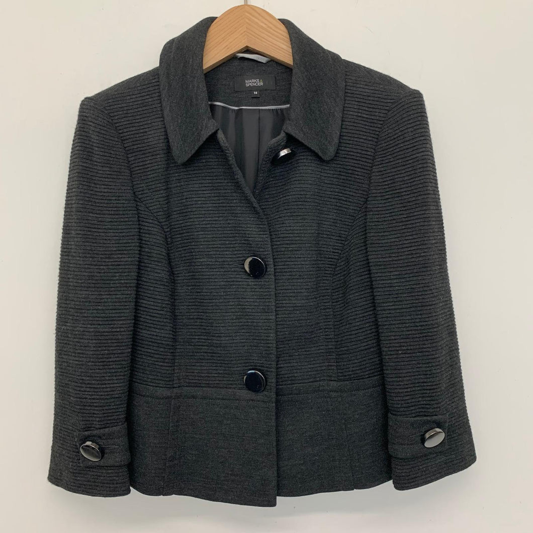MARKS & SPENCER Grey Ladies 3/4 Length Sleeve Collared Formal Jacket Size UK 14