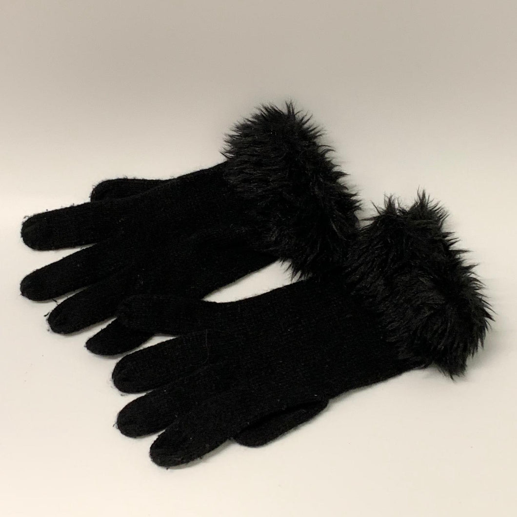 Faux Fur Ladies Knitted Winter Warm Wrist Furry Black Gloves UK O/S