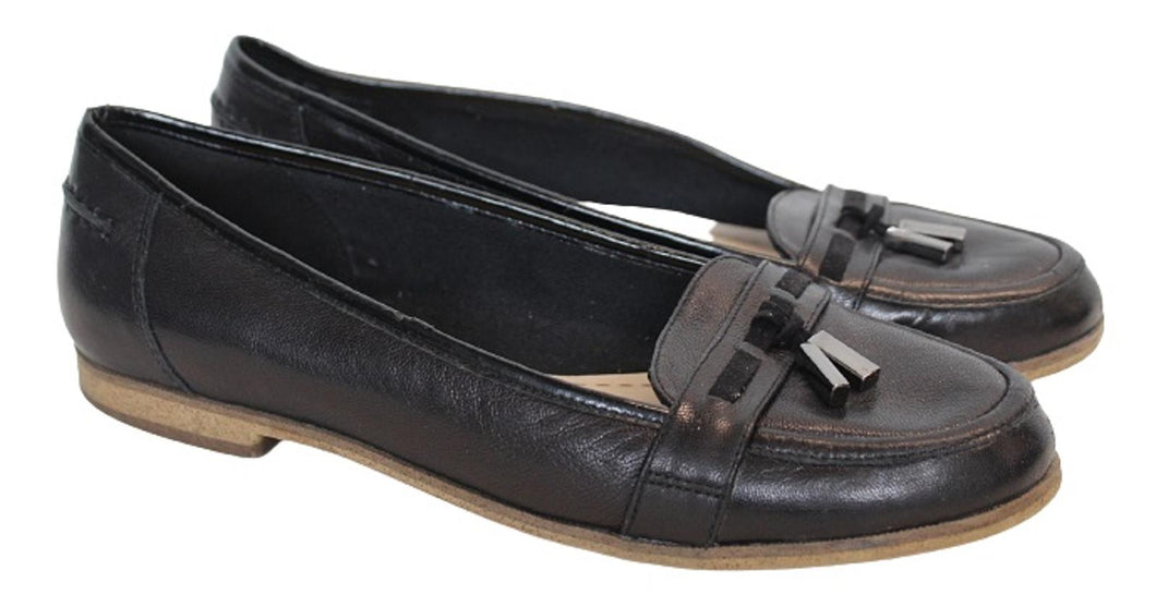 CLARKS Ladies Black Leather Tassel Trim Slip On Flat Casual Shoes EU39 UK6