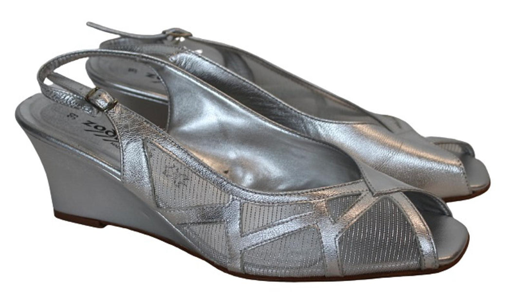 ZODIACO Ladies Silver Leather Mesh Slingback Wedge Sandals Shoes EU39 UK6