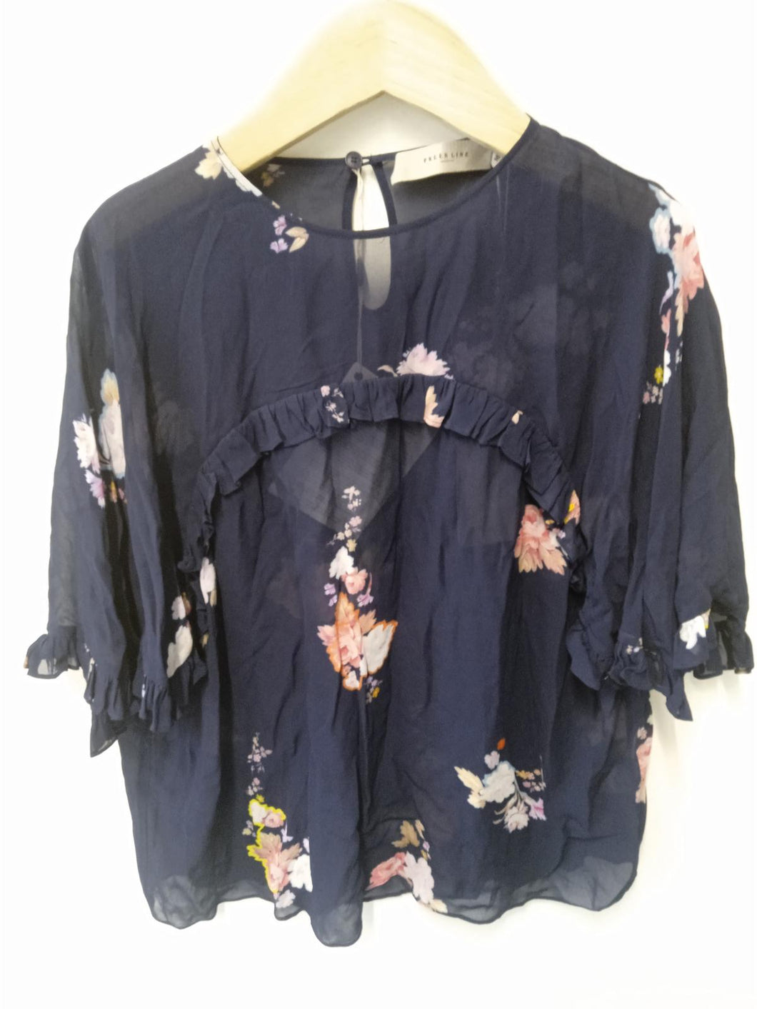 PREEN LINE Ladies Navy Blue Round Neck Georgette Black Blouse Top Size UK M NEW