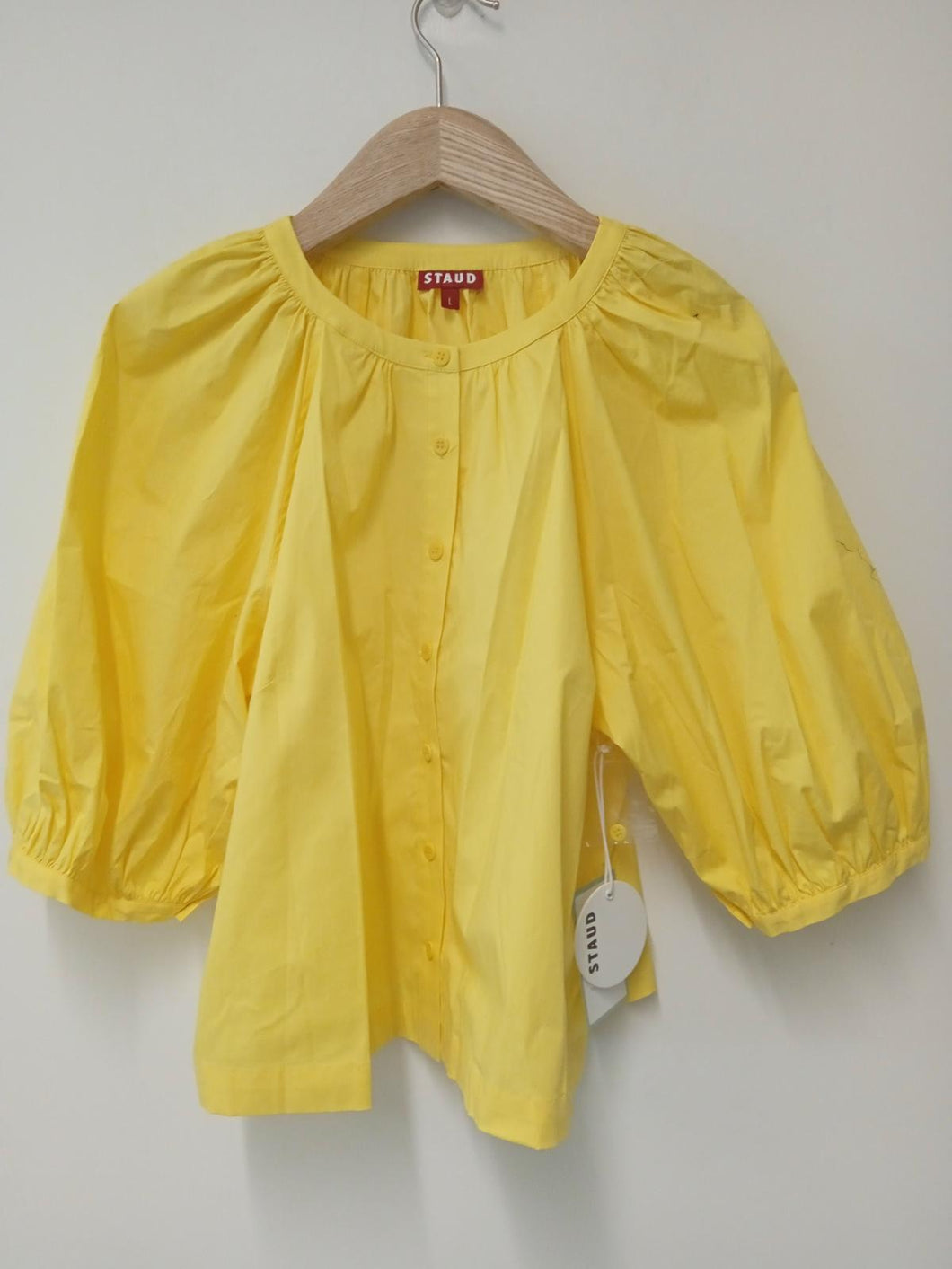 STAUD Ladies Yellow Cotton Short Sleeve button Up Round Neck Shift Size UK L NEW