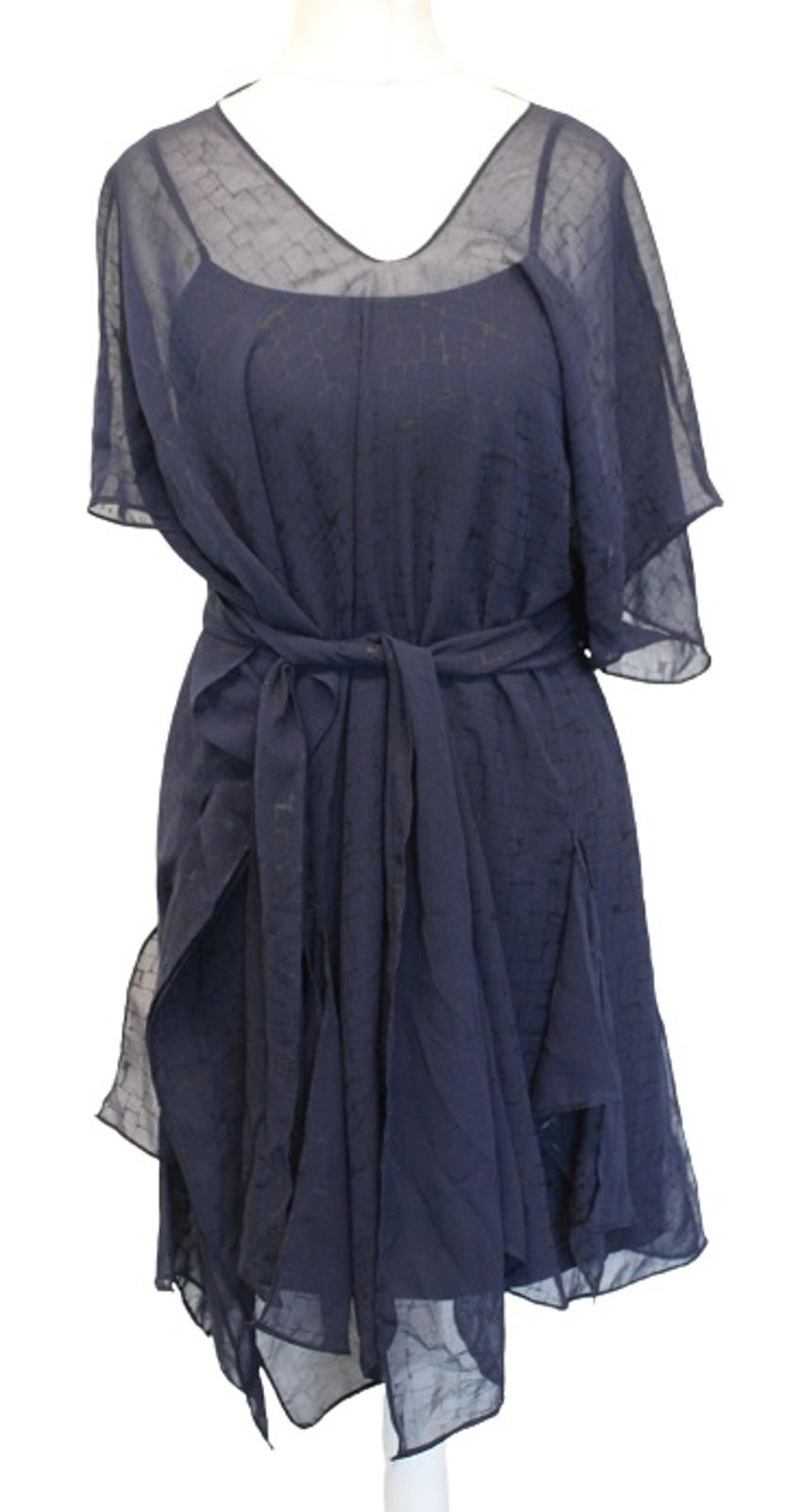 YA LOSâANGELES Ladies Navy Blue Belted Tile Print Sheer Silk Blend Dress L