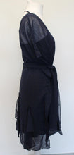 Load image into Gallery viewer, YA LOSâANGELES Ladies Navy Blue Belted Tile Print Sheer Silk Blend Dress L
