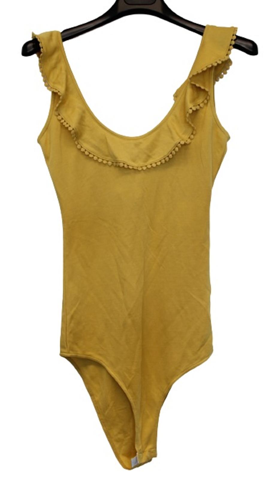 SEZANE Ladies Yellow Sleeveless Scoop Ruffle Neck Stretch Bodysuit Size S