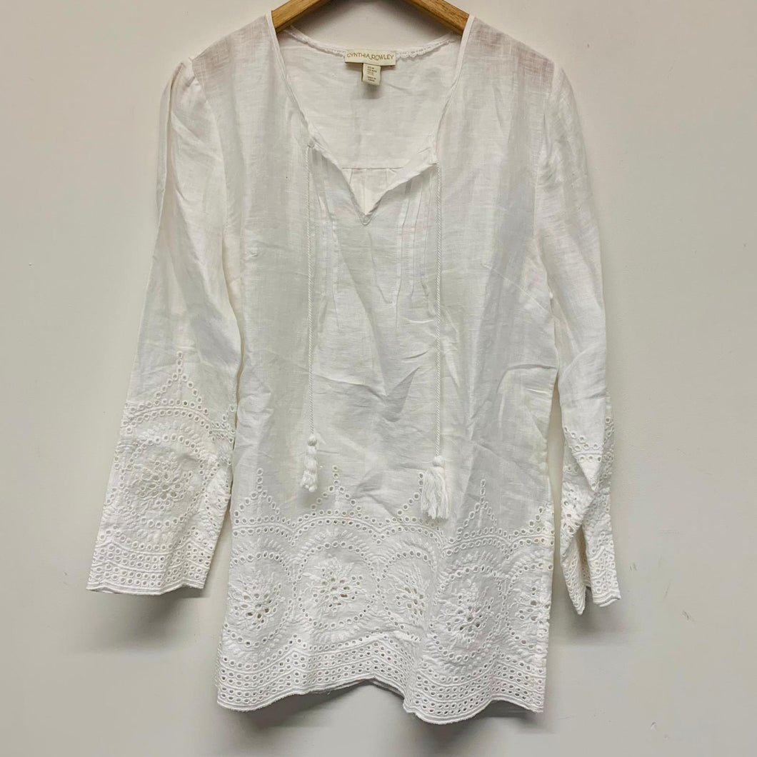 CYNTHIA ROWLEY White Ladies Long Sleeve V-neck Tunic T-Shirt Size UK M NEW