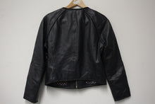 Load image into Gallery viewer, MASSIMO DUTTI Ladies Dark Navy Blue Leather Zip Front Cropped Jacket Size 38/M
