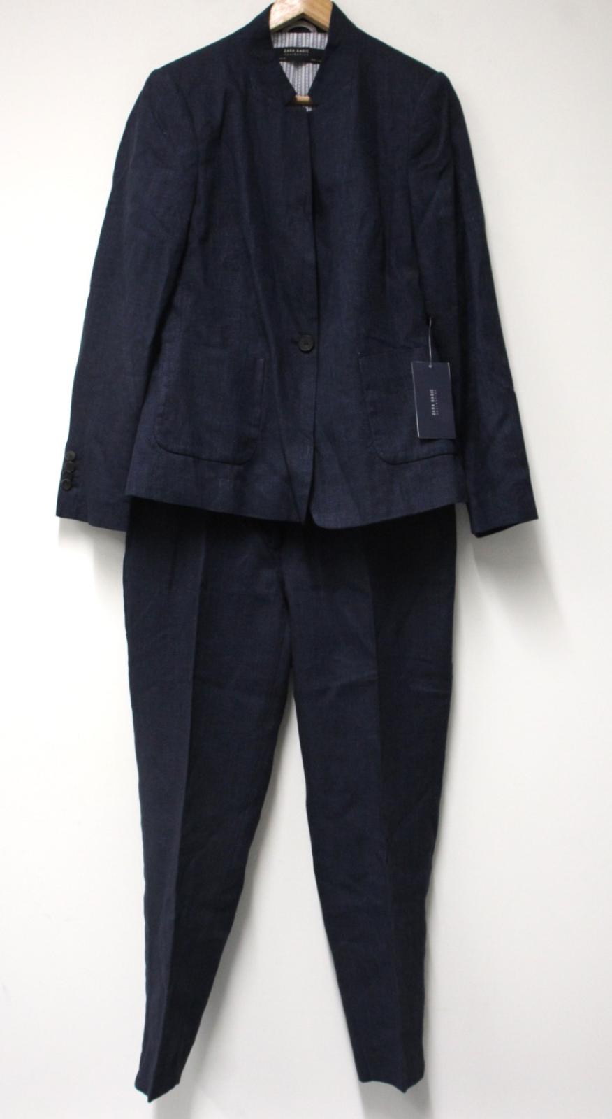 ZARA BASIC Ladies Navy Blue Linen Blend Single Breasted Trouser Suit L NEW