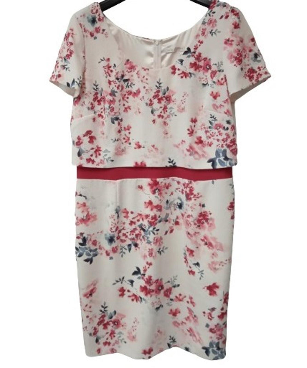JACQUES VERT Ladies Ivory & Pink Floral Print Knee Length Dress Size UK16