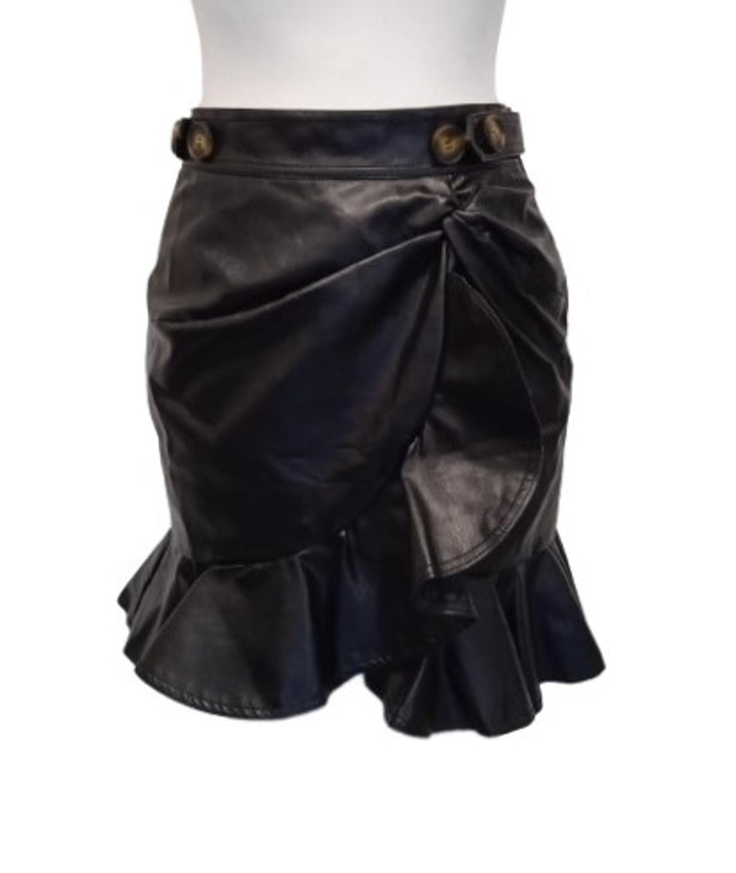 SELF-PORTRAIT Ladies Black Faux Leather Flounced Asymmetric Mini Skirt Size UK8