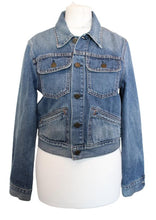 Load image into Gallery viewer, REFORMATION Ladies Blue Collared Long Sleeve Button Up Cropped Denim Jacket S
