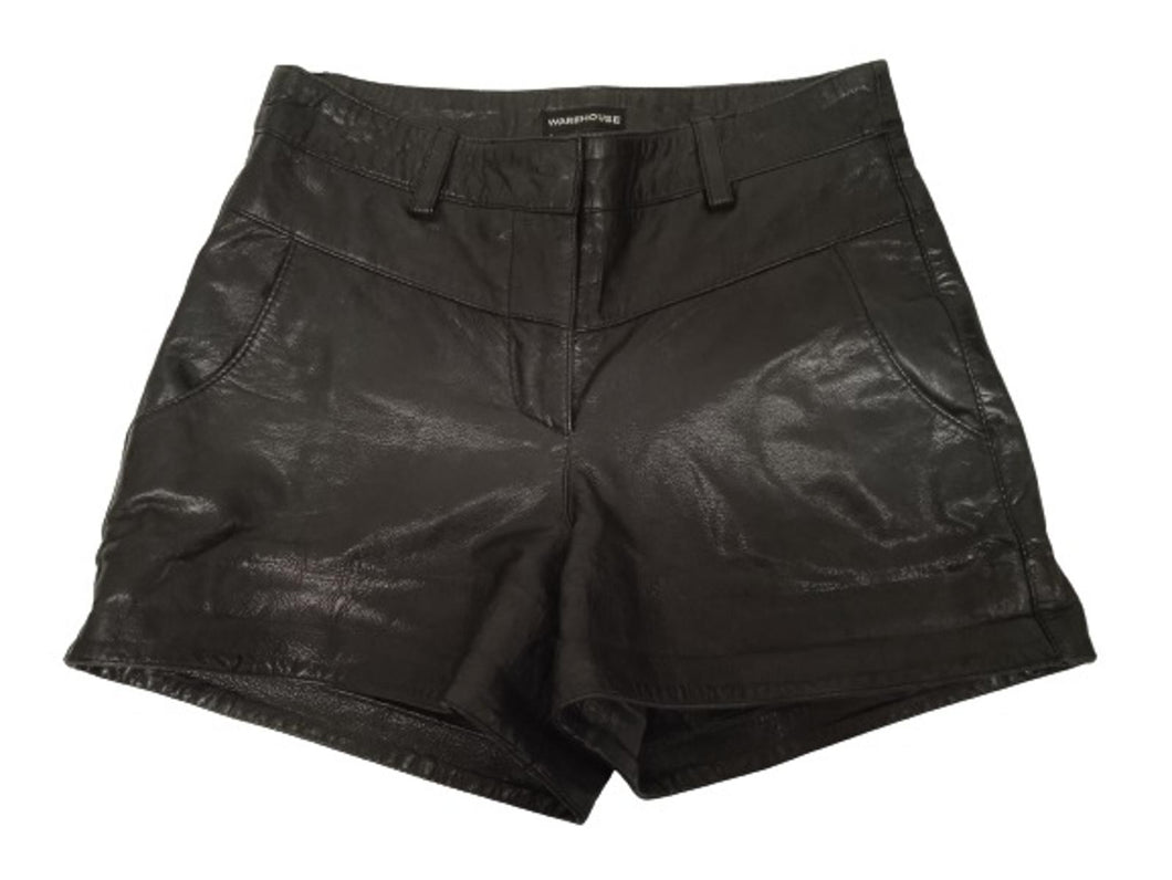 WAREHOUSE Ladies Black Leather Zip-Fly 4-Pocket Mid-Rise Shorts Size UK8