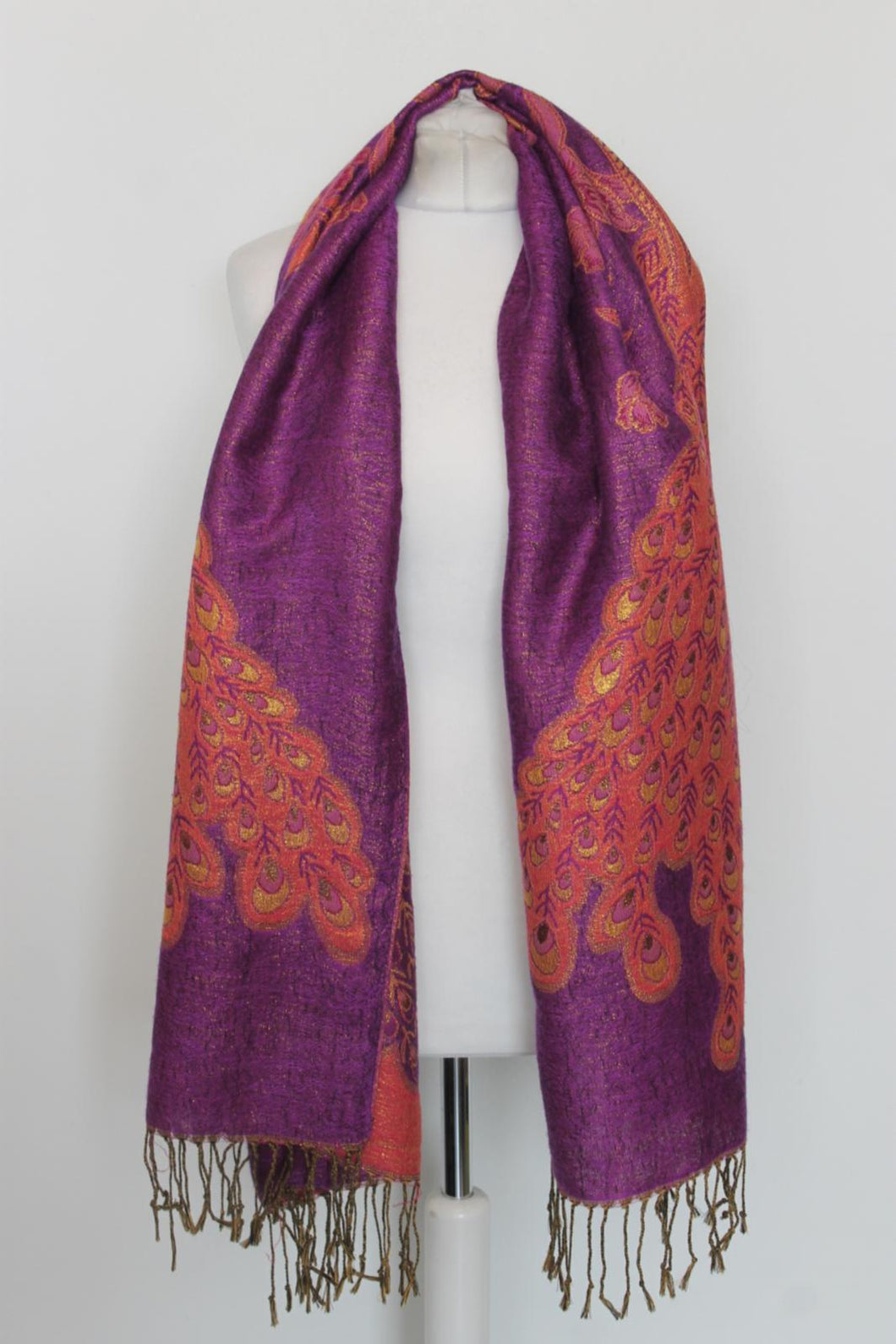 Ladies Pink/Purple/Gold Peacock Rectangular Tassel Scarf OS
