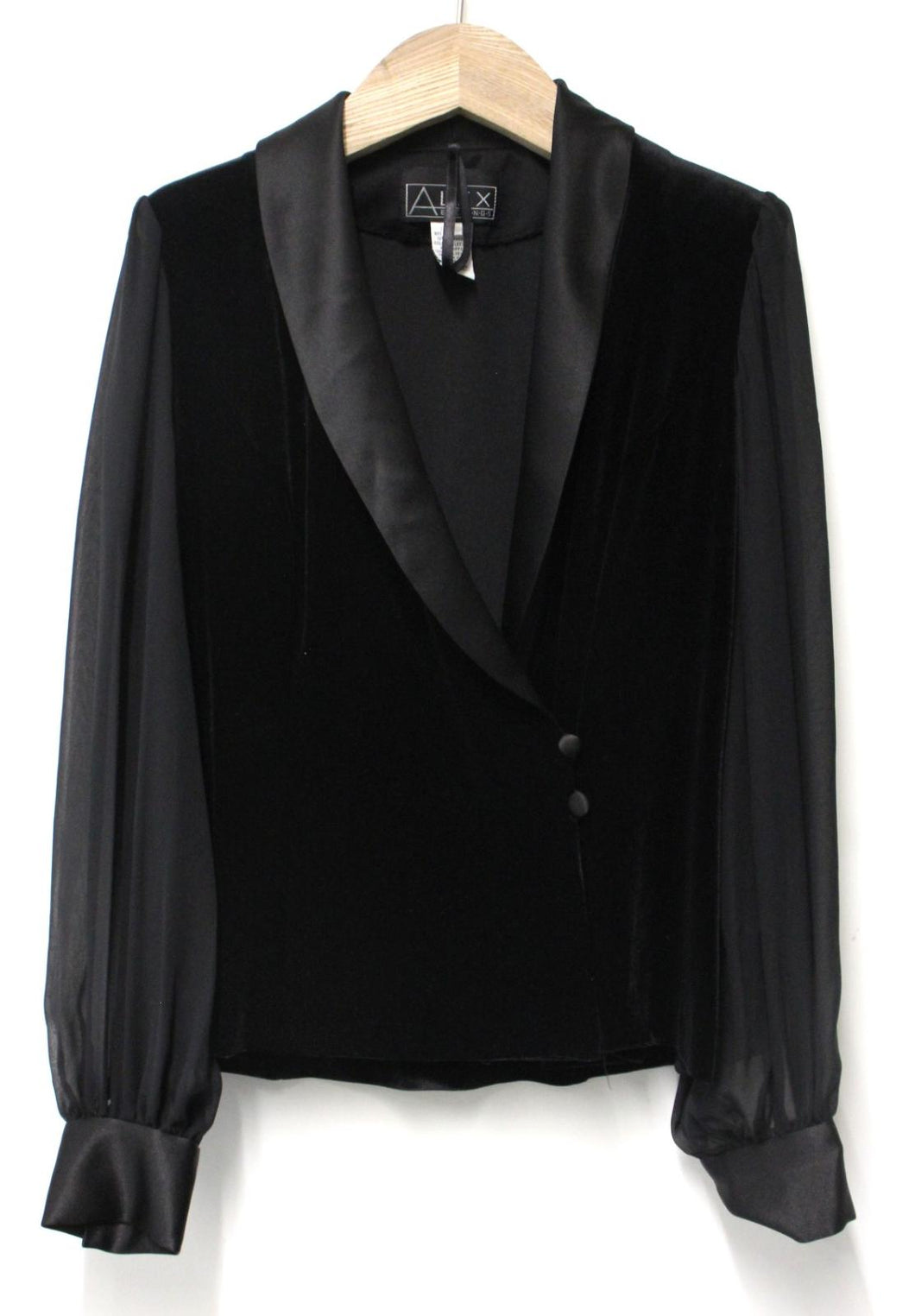 ALEX EVENINGS Ladies Black Velvet Sheer Sleeve Satin Lapel Jacket Size M NEW