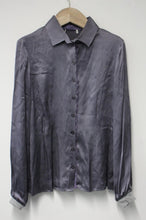 Load image into Gallery viewer, Ladies Metallic Grey Satin Silk Lace Trim Long Sleeve Shirt Blouse Size M
