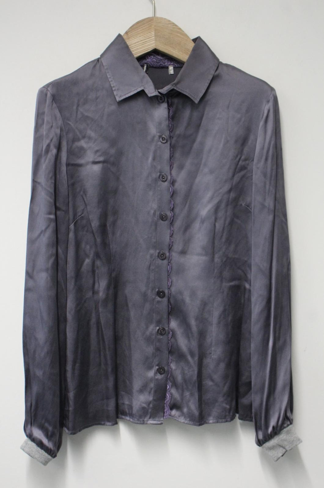 Ladies Metallic Grey Satin Silk Lace Trim Long Sleeve Shirt Blouse Size M
