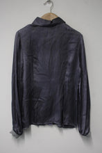 Load image into Gallery viewer, Ladies Metallic Grey Satin Silk Lace Trim Long Sleeve Shirt Blouse Size M
