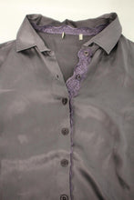 Load image into Gallery viewer, Ladies Metallic Grey Satin Silk Lace Trim Long Sleeve Shirt Blouse Size M
