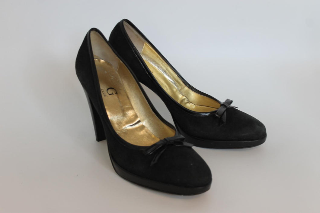 G CLUB Ladies Black Suede Extra-High Block Heel Bow-Detail Pumps Shoes EU35 UK5