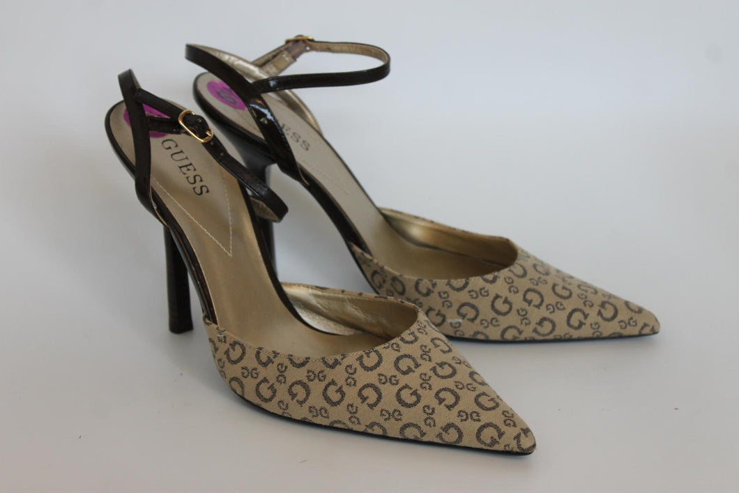 GUESS Ladies Beige Fabric Extra-High Heel Pointed Slingback Shoes EU39 UK6