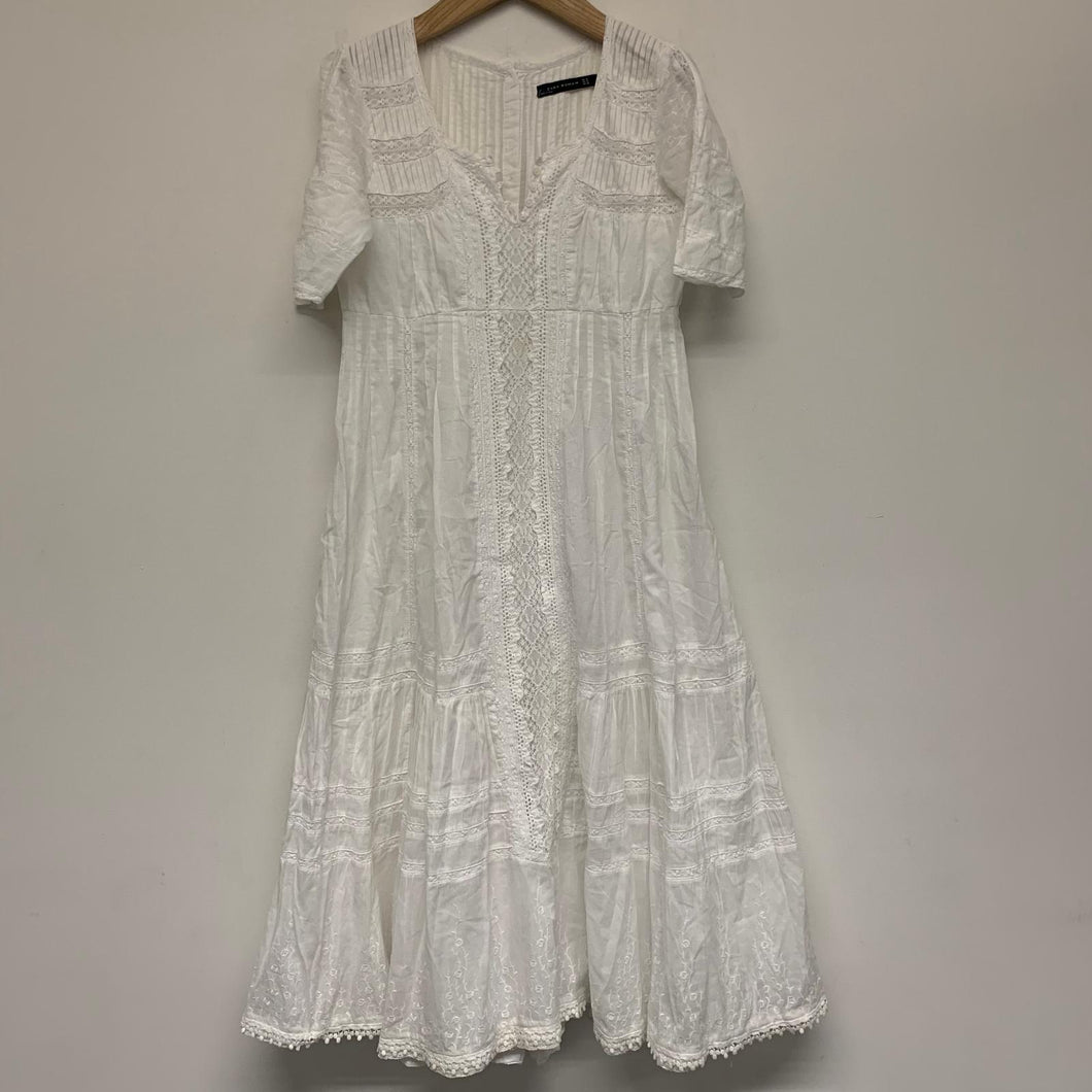 ZARA WOMAN White Ladies Short Sleeve V-Neck A-Line Dress Size UK M