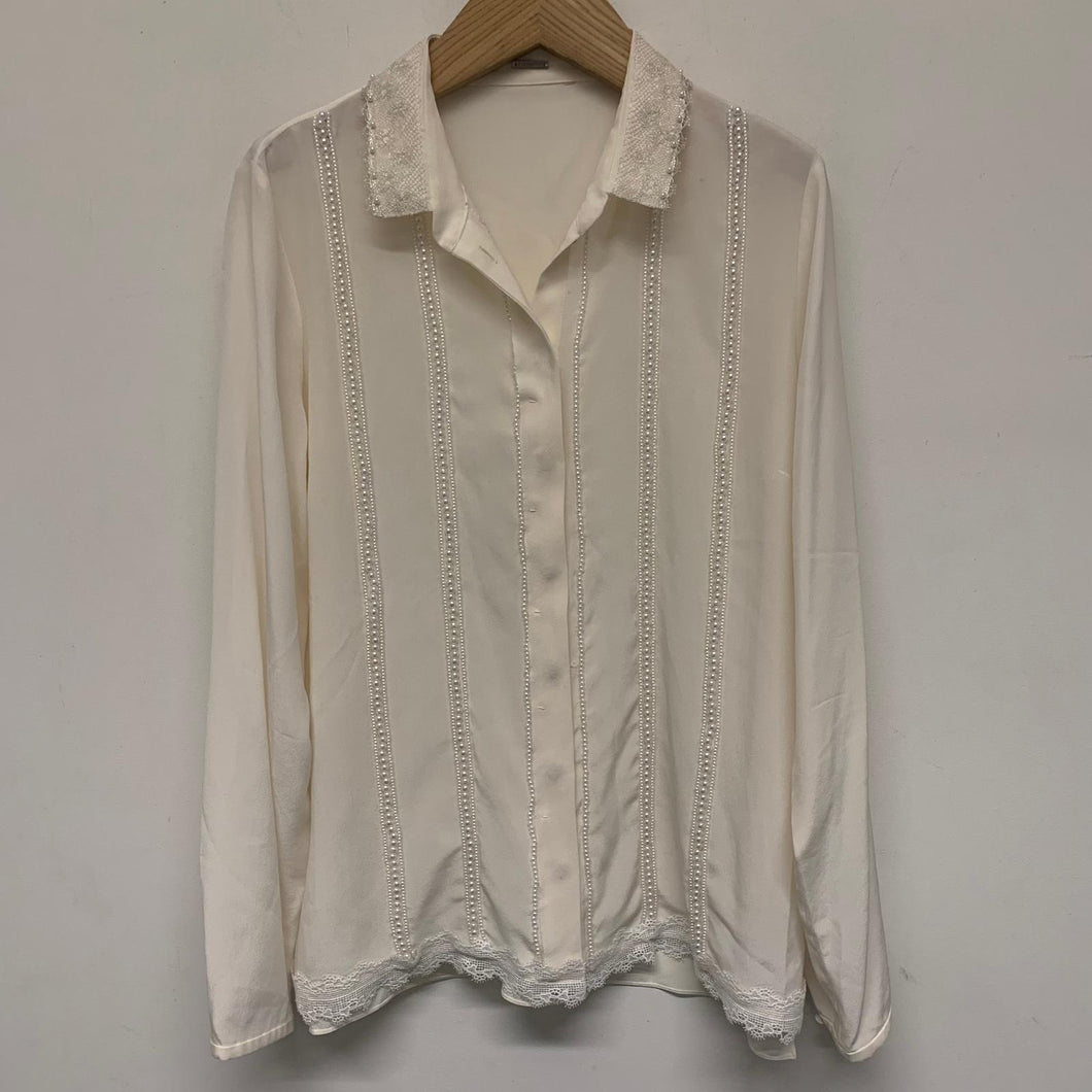 ELIE TAHARI Beige Ladies Long Sleeve Collared Button-Up Shirt Size UK M
