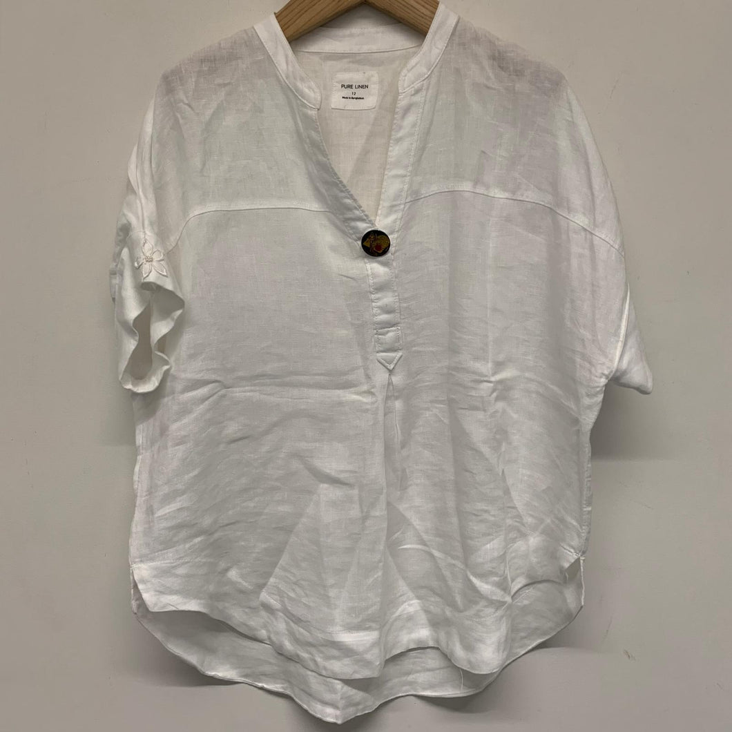 PURE LINEN White Ladies Short Sleeve V-Neck Top Blouse Size UK 12