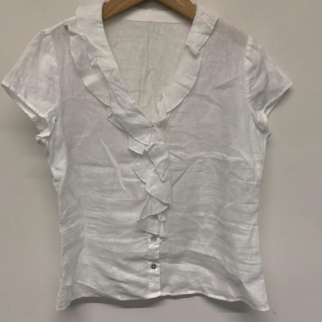 White Ladies Sleeveless Button Up Frill Collared Top Blouse Size UK M