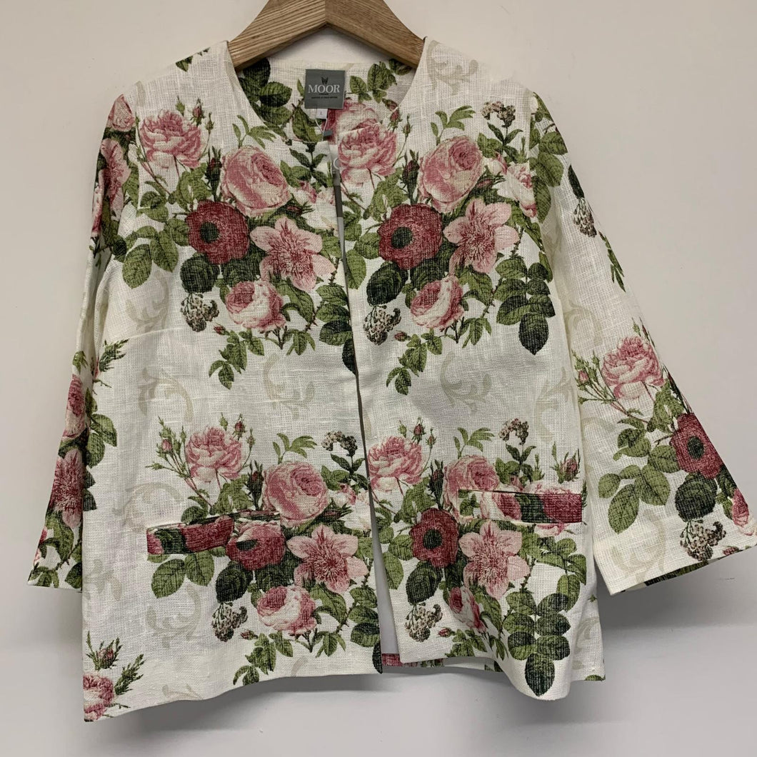 MOOR White Ladies Long Sleeve V-Neck Classic Flower Jacket Size UK L NEW