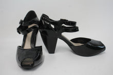 Load image into Gallery viewer, CLARKS Ladies Black Patent Leather Double Ankle Strap Heeled Sandals UK5.5
