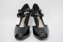 Load image into Gallery viewer, CLARKS Ladies Black Patent Leather Double Ankle Strap Heeled Sandals UK5.5
