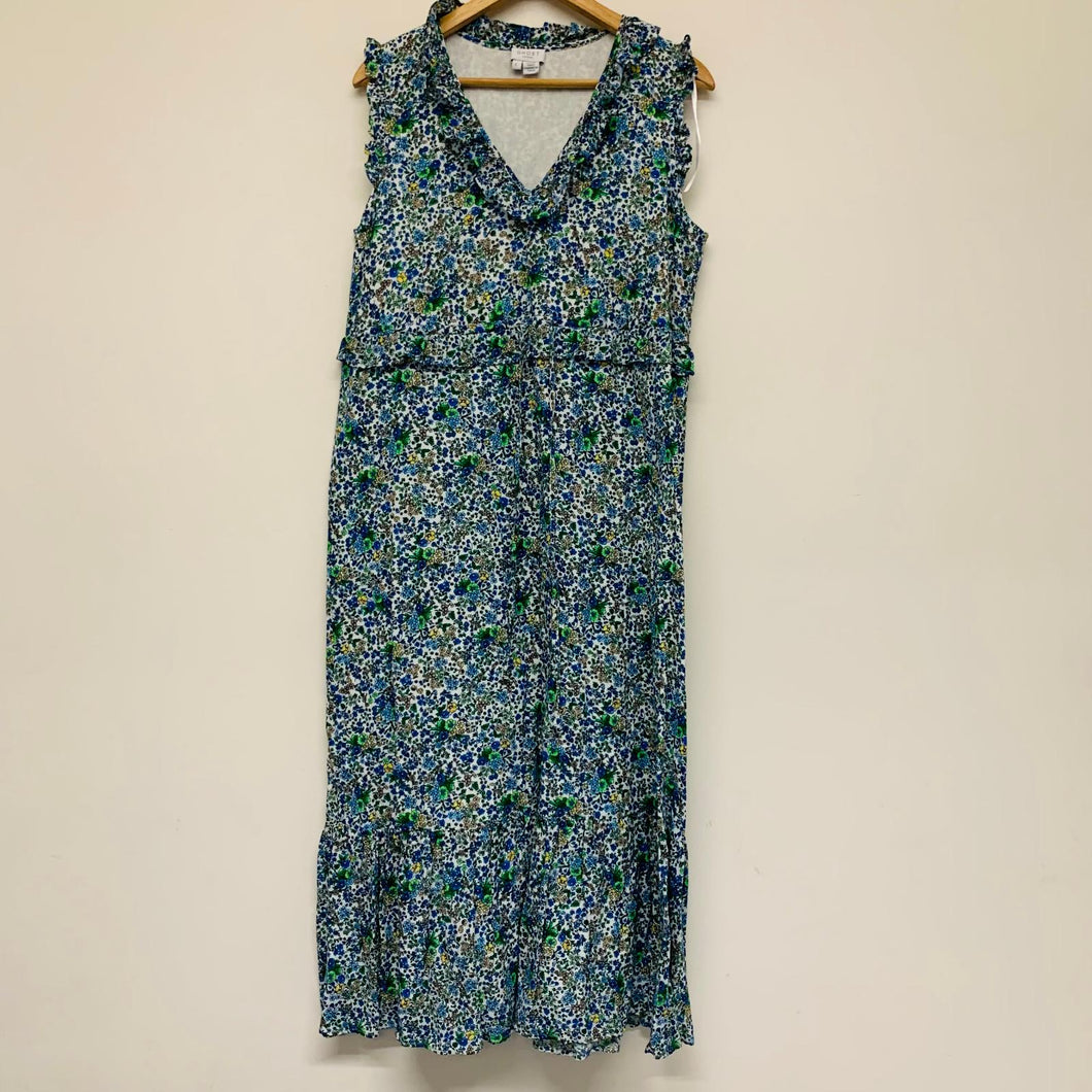 GHOST Blue Ladies Sleeveless V-Neck Knee Length Floral Pattern Dress Size UK L