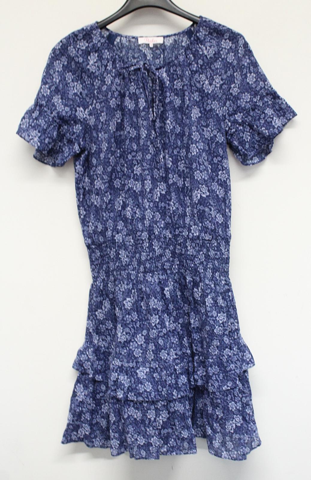 PARKER Ladies Queenie Print Navy Blue Cotton Ruffle Floral Mini Dress M