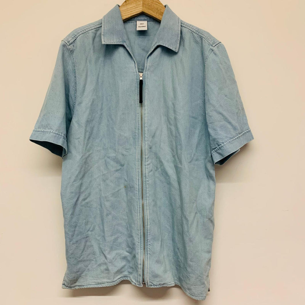 WON HUNDRED Blue Men's Short Sleeve Zipped Collared Casual Shirt Button-Up UK L