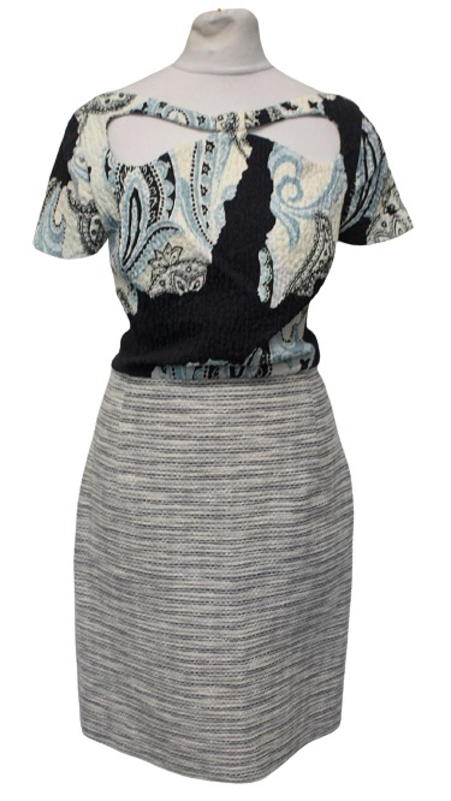 MICHAEL VAN DER HAM Ladies Blue Black Ivory Printed Cut Out Fitted Dress UK10