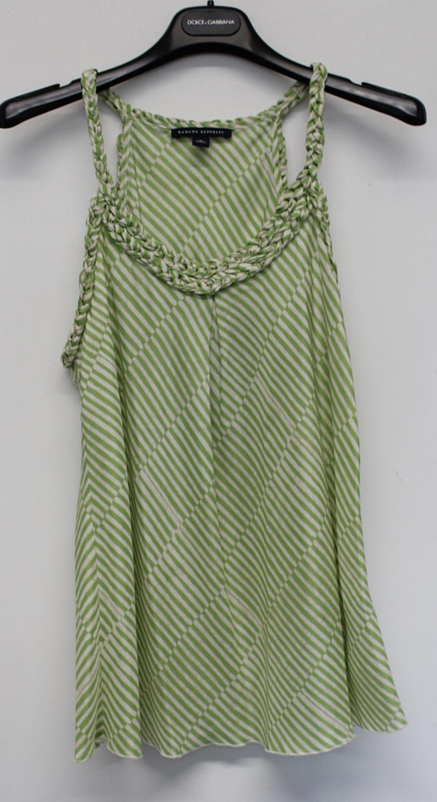 BANANA REPUBLIC Ladies Green White Striped Sleeveless Woven Trims Silk Top S