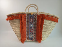 Load image into Gallery viewer, Unbranded Ladies Beige Woven Zig-Zag Straw Orange Fringe Beaded Tote Bag Size L
