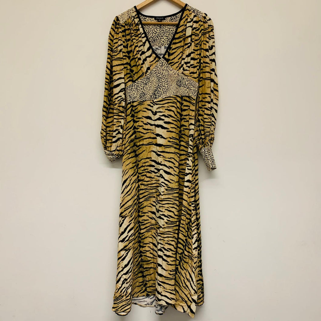 KAREN MILLEN Orange Ladies Long Sleeve V-Neck Leopard Tiger Print Dress UK 8