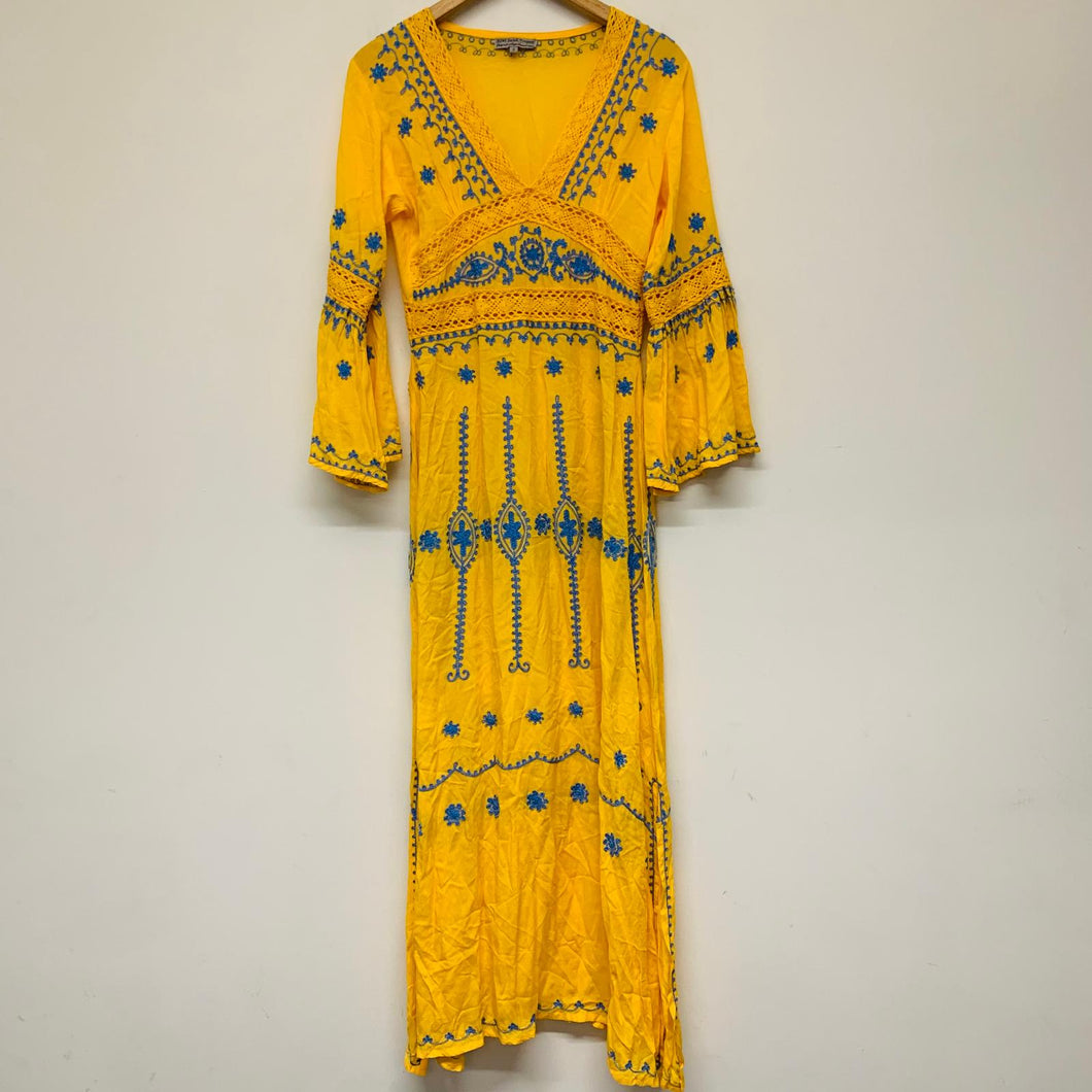 KIWI SAINT-TROPEZ Yellow Ladies Long Sleeve Boho Laced V-Neck Dress Size UK S