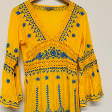 Load image into Gallery viewer, KIWI SAINT-TROPEZ Yellow Ladies Long Sleeve Boho Laced V-Neck Dress Size UK S
