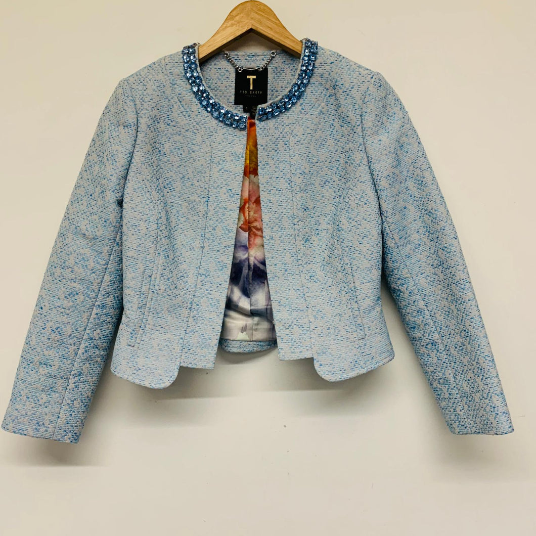 TED BAKER Blue Ladies Long Sleeve Collared Crystal Neckline Cropped Jacket UK S