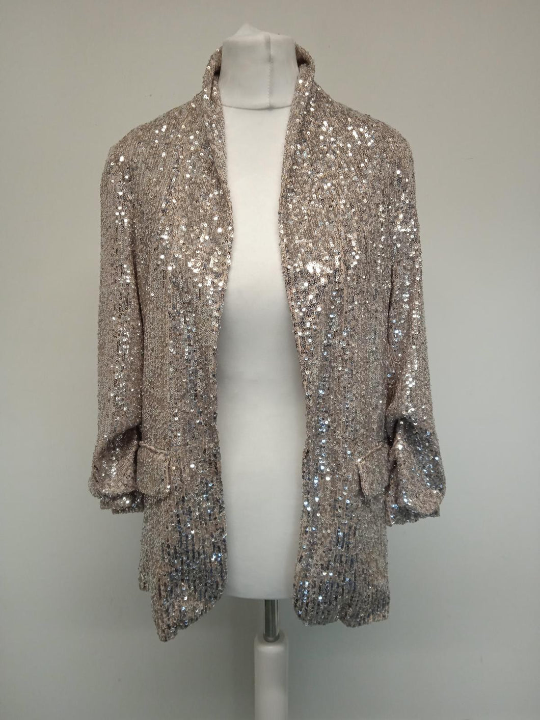 M&S Ladies Silver Relaxed Sequin 3/4 Sleeve Open Front Blazer Jacket UK8 NEW